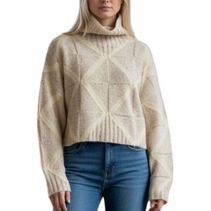 Cobalt Diamond Pattern Knit Oversized Cropped High Neck Pullover Sweater